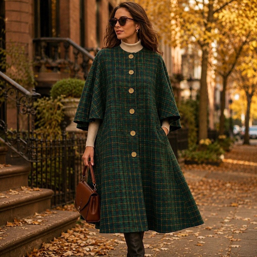 1930s Green Plaid Wool Swing Cape Coat Handmade Dressmaker Original Buttons
